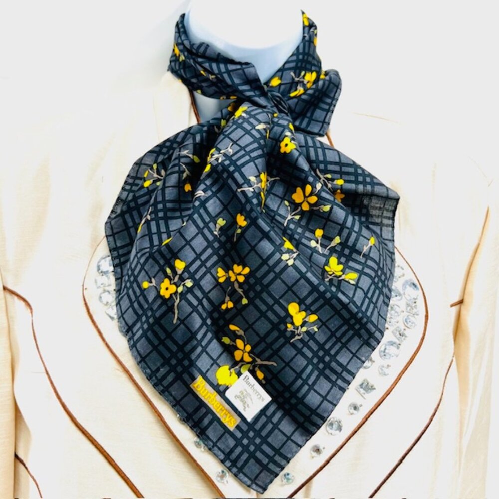 NewTagBurberrys Miniscarf/handker19.5" Cotton Silk Black Gray Yellow floral(15 - Picture 4 of 11